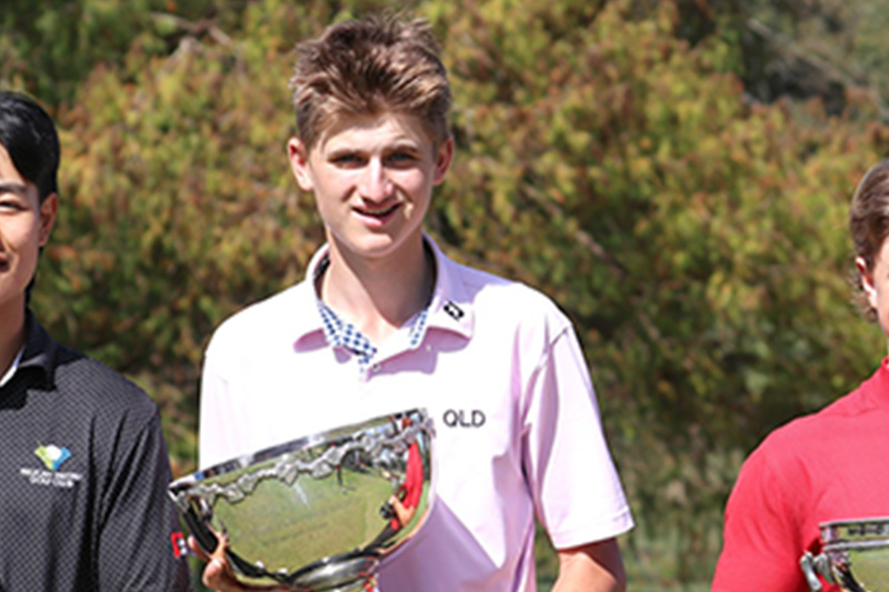Harry Takis holding his trophy at the Gary Player Classic at Pacific Golf Club in Brisbane.