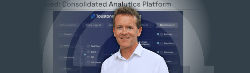 A picture of Adam Sharp on top of a background image of a screenshot of the ESG platform