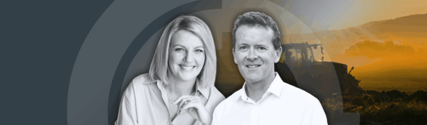 A picture of Michelle and Adam Sharp on top of a background image with an agricultural machine