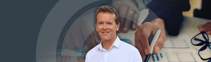 A picture of Adam Sharp on top of a background image with analytics drawn