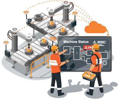Illustration of employees in a manufacturing plant being able to detect faults in equipment digitally