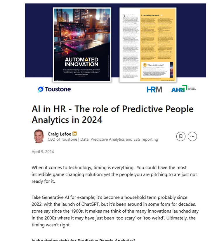 Screenshot of LinkedIn article: AI in HR - The role of Predictive People Analytics