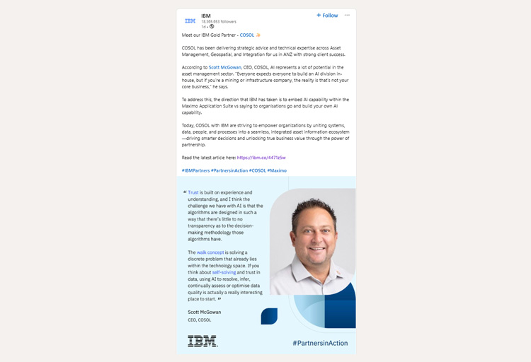 Screenshot of COSOL being featured in an IBM social post
