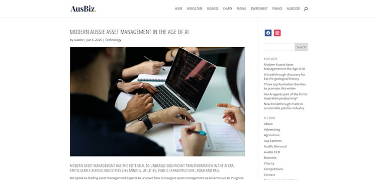 Screenshot of article by AusBiz - Modern Aussie Asset Management in the Age of AI