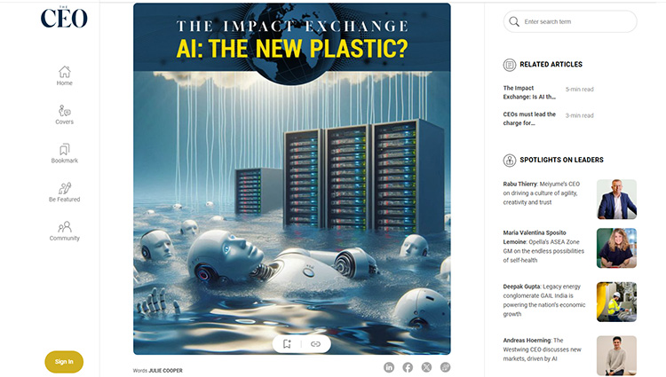Screenshot of article 'The impact exchange, AI the new plasic?' by The CEO Global Magazine