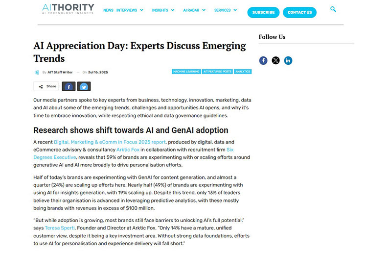 Screenshot of the article from AIThority. Published 16th July 2025
