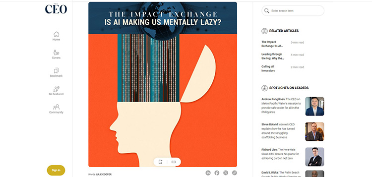 Screenshot of article 'Is AI making us mentally lazy?' by The CEO Global Magazine