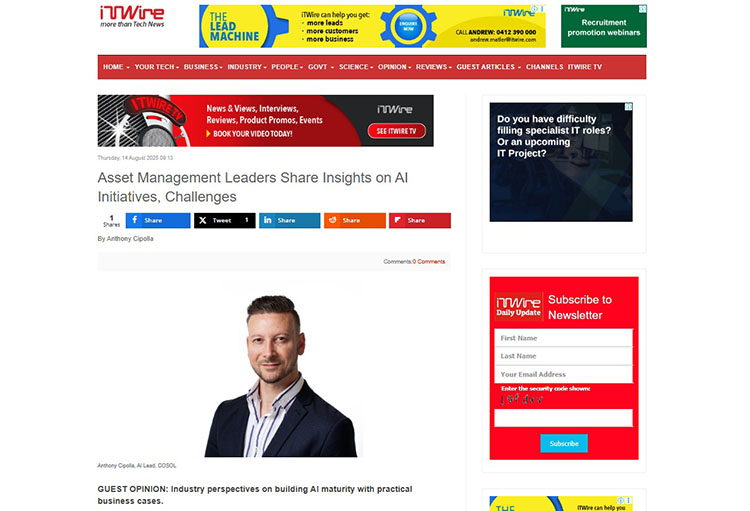 Screenshot of article 'Asset Management Leaders Share Insights on AI initiatives, Challenges' by iTWire