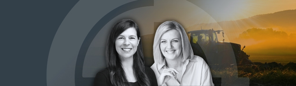 A picture of Michelle and Marilyn Martin on top of a background image with an agricultural machine