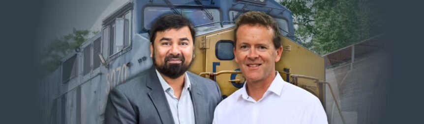 A picture of Adam Sharp and Railway Transportation Systems Podcast host, Rahiman Shaik on top of a background of a cargo train