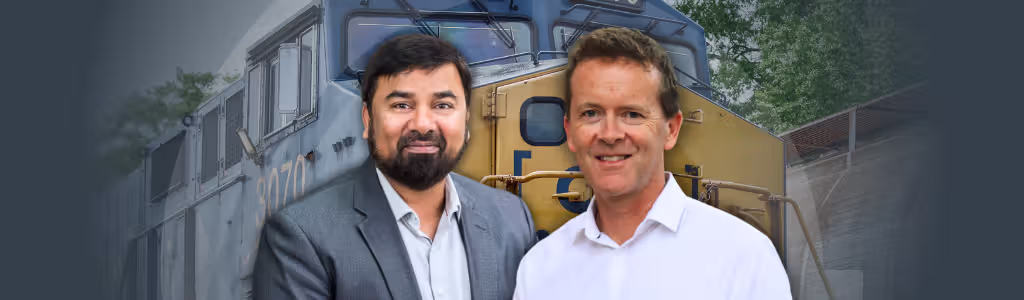 Transportation Transformation banner A picture of Adam Sharp and Railway Transportation Systems Podcast host, Rahiman Shaik on top of a background of a cargo train