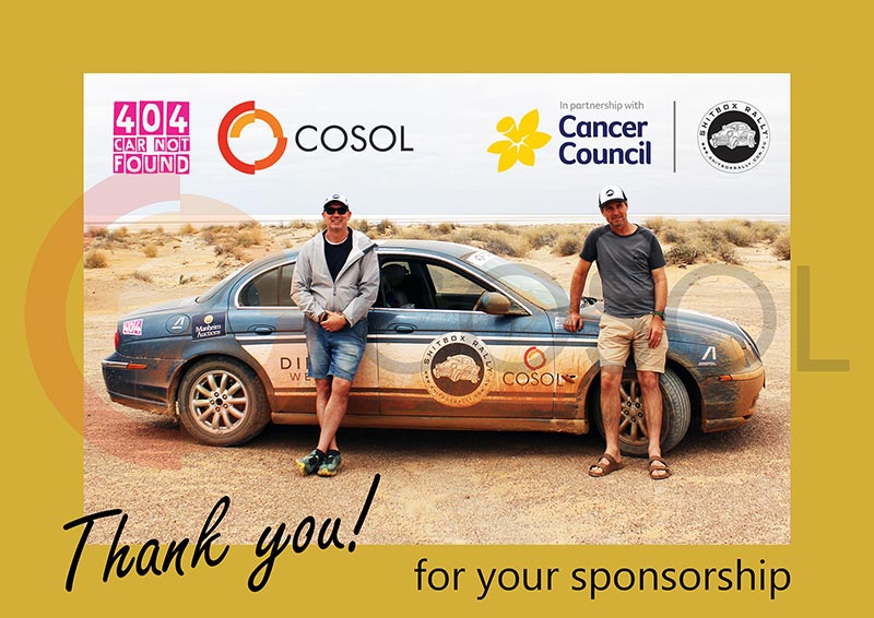 Previous employee Stuart Burkhart and his co-driver in front of their car for the Spring Sh!tbox Rally - in partnership with Cancer Council Australia