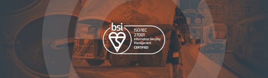 Article banner to announce COSOL certification of ISO 27001 in 2026. The banner includes the certification logo and the background has 3 images of a water treatment facility, Mining haul truck and Australian train service