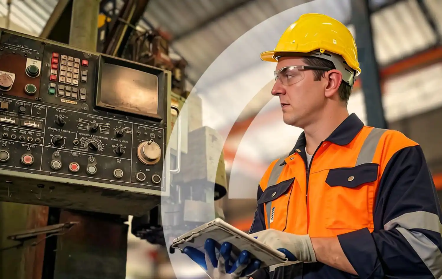 Man overlooking equipment with data shown on ipad in factory.